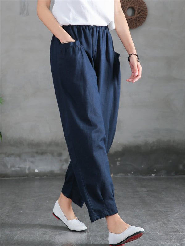 Women Sand-Washed Linen and Cotton Big Pocket Causal Cropped Pants