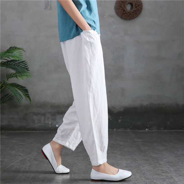 Women Sand-Washed Linen and Cotton Big Pocket Causal Cropped Pants