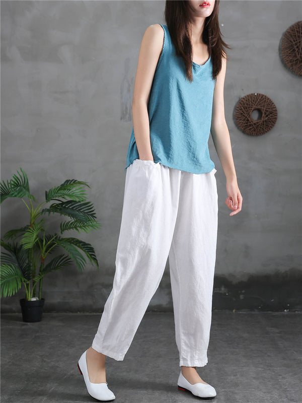 Women Sand-Washed Linen and Cotton Big Pocket Causal Cropped Pants
