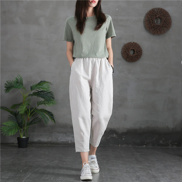 Women Linen and Cotton Loose Comfort Cropped Pants