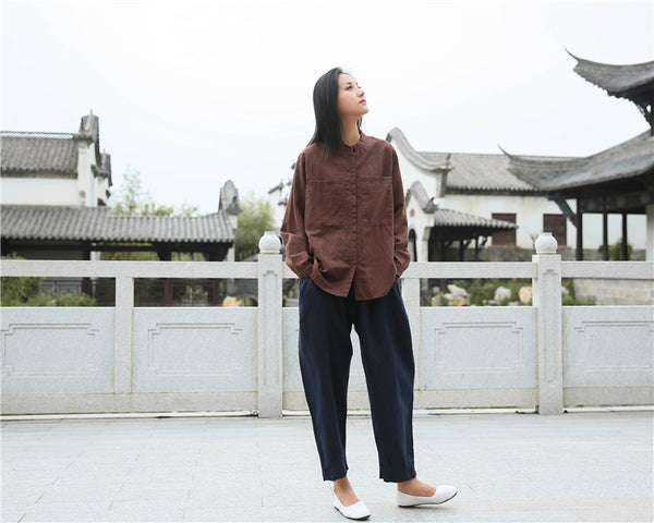 Women Casual Style Linen and Cotton Big Front Pocket Cardigan Long Sleeve Shirt