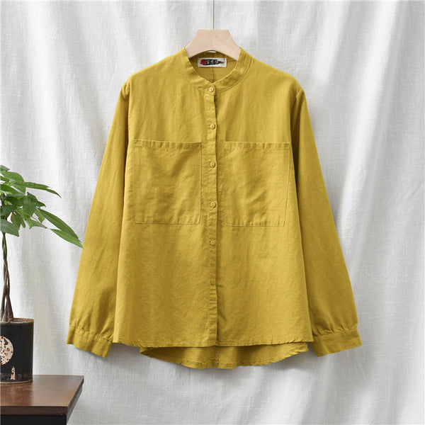 Women Casual Style Linen and Cotton Big Front Pocket Cardigan Long Sleeve Shirt