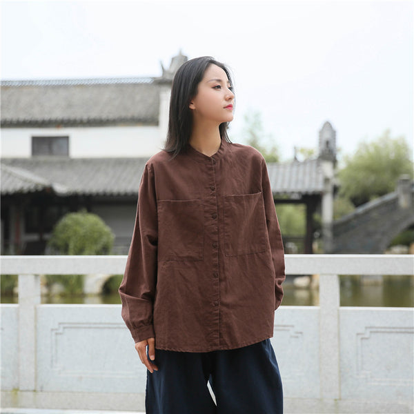 Women Casual Style Linen and Cotton Big Front Pocket Cardigan Long Sleeve Shirt