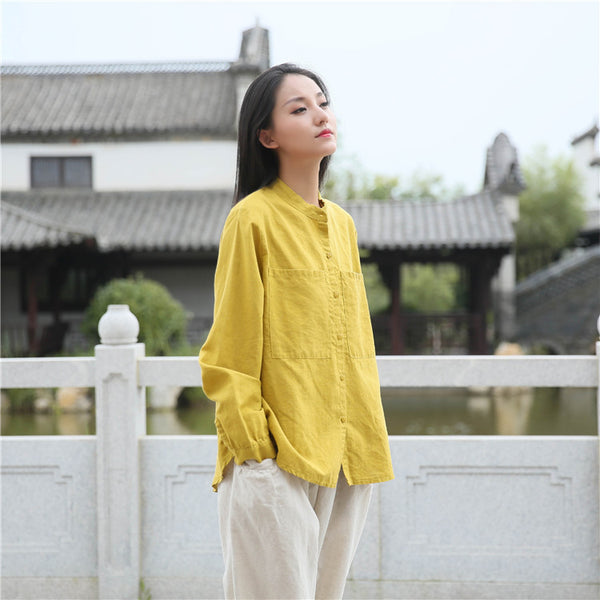 Women Casual Style Linen and Cotton Big Front Pocket Cardigan Long Sleeve Shirt