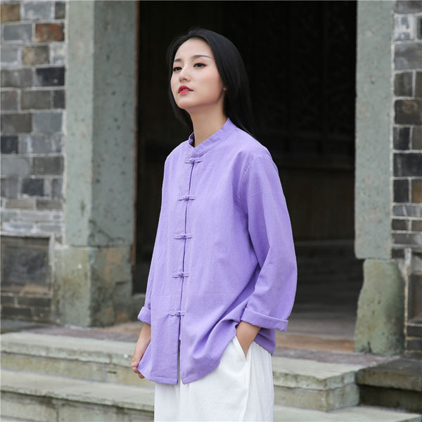 Women Retro TaiChi Buckle Style Linen and Cotton Cardigan Long Sleeve Shirt