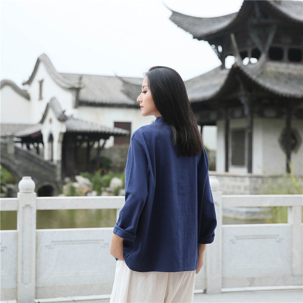 Women Retro TaiChi Buckle Style Linen and Cotton Cardigan Long Sleeve Shirt
