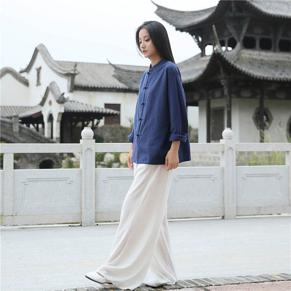 Women Retro TaiChi Buckle Style Linen and Cotton Cardigan Long Sleeve Shirt