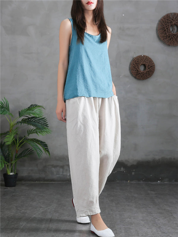 Women Sand-Washed Linen and Cotton Big Pocket Causal Cropped Pants