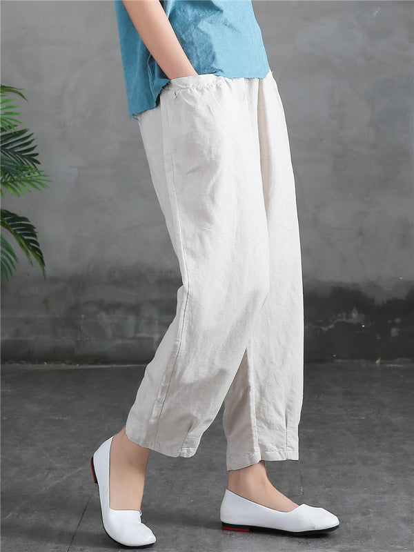 Women Sand-Washed Linen and Cotton Big Pocket Causal Cropped Pants
