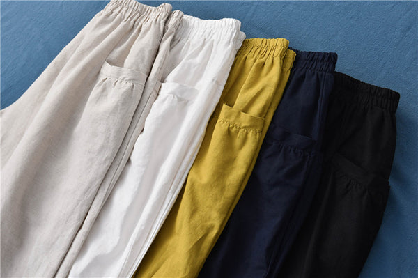 Women Sand-Washed Linen and Cotton Big Pocket Causal Cropped Pants
