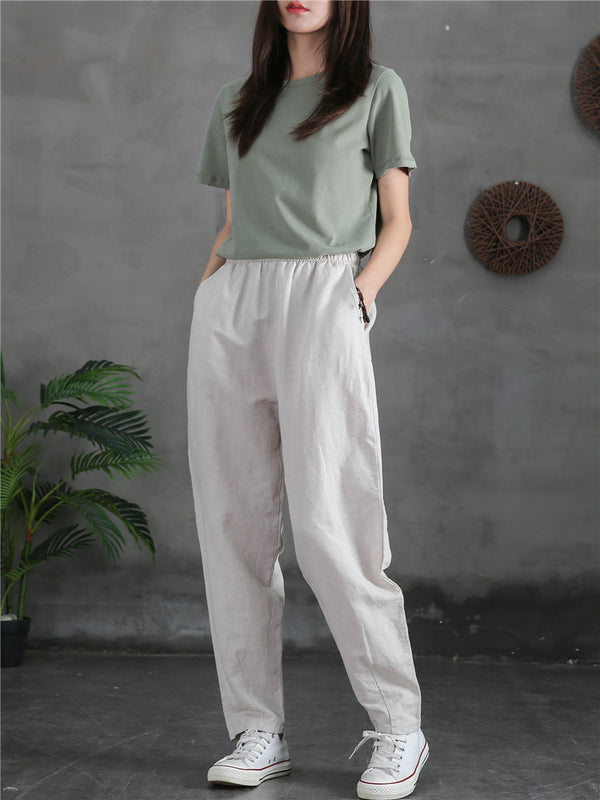 Women Sand-Washed Linen and Cotton Causal Pants