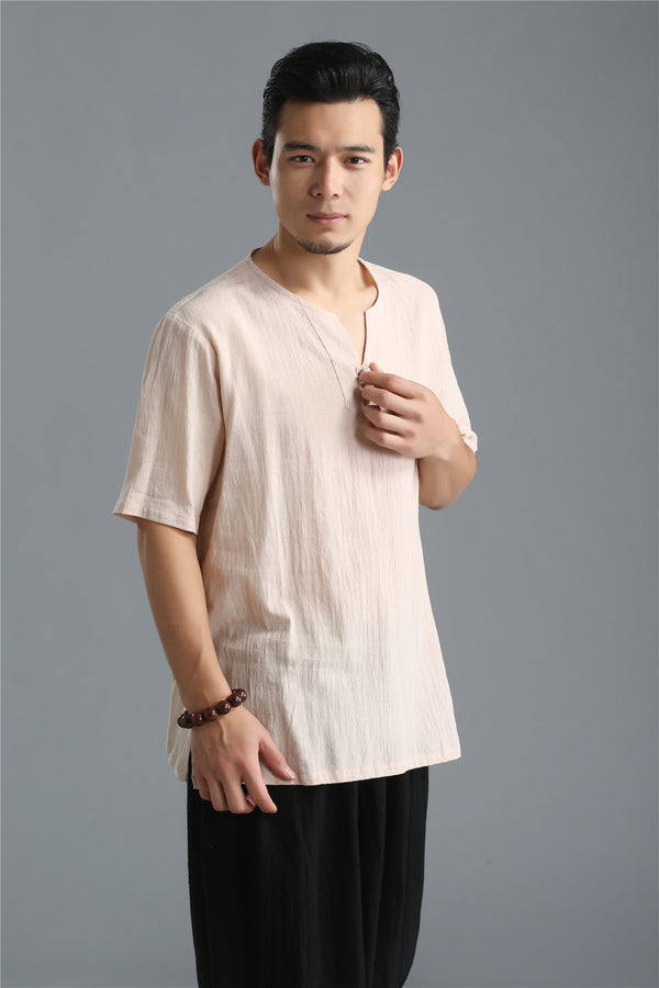 Men Pure Color Simple Linen and Cotton V-neck Short Sleeved T-shirt Tops