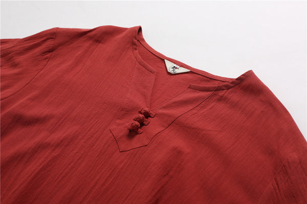 Men Pure Color Simple Linen and Cotton V-neck Short Sleeved T-shirt Tops