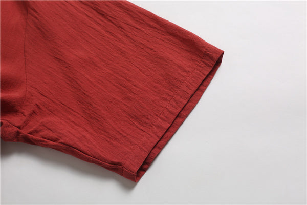 Men Pure Color Simple Linen and Cotton V-neck Short Sleeved T-shirt Tops