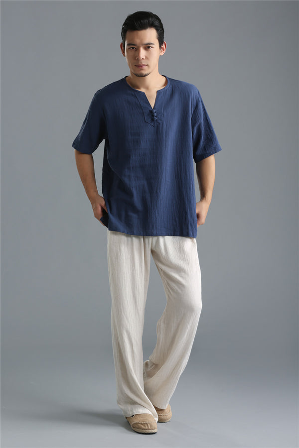 Men Pure Color Simple Linen and Cotton V-neck Short Sleeved T-shirt Tops