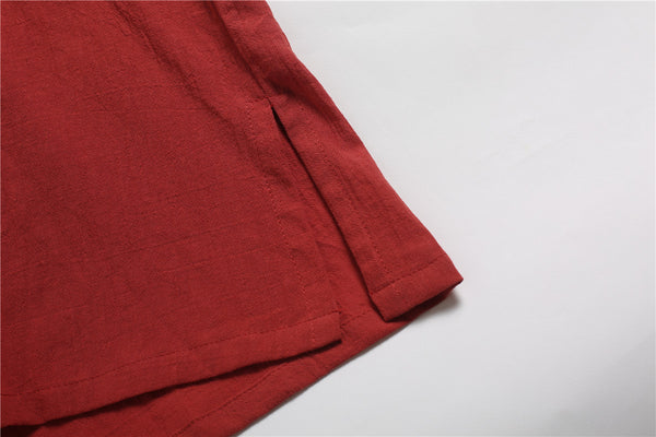 Men Pure Color Simple Linen and Cotton V-neck Short Sleeved T-shirt Tops