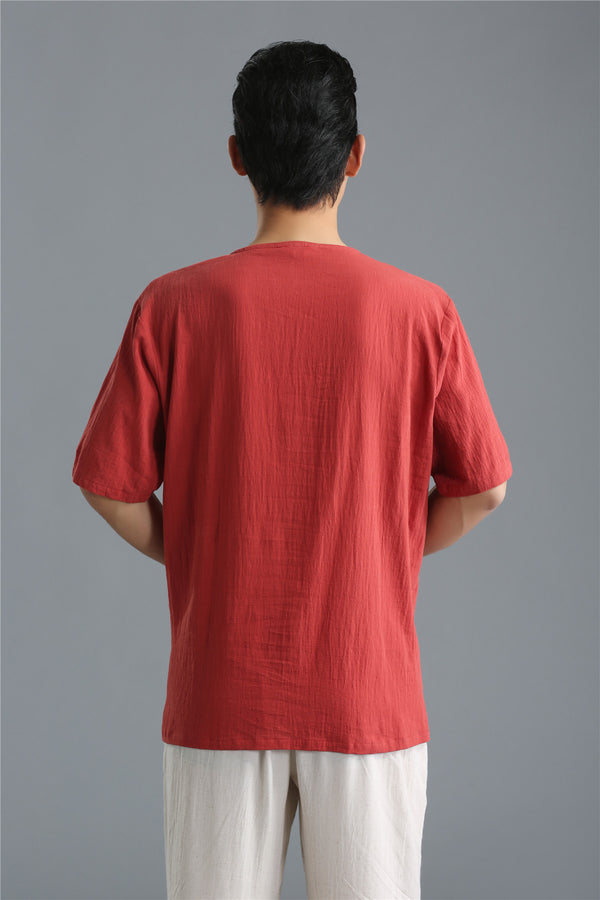 Men Pure Color Simple Linen and Cotton V-neck Short Sleeved T-shirt Tops