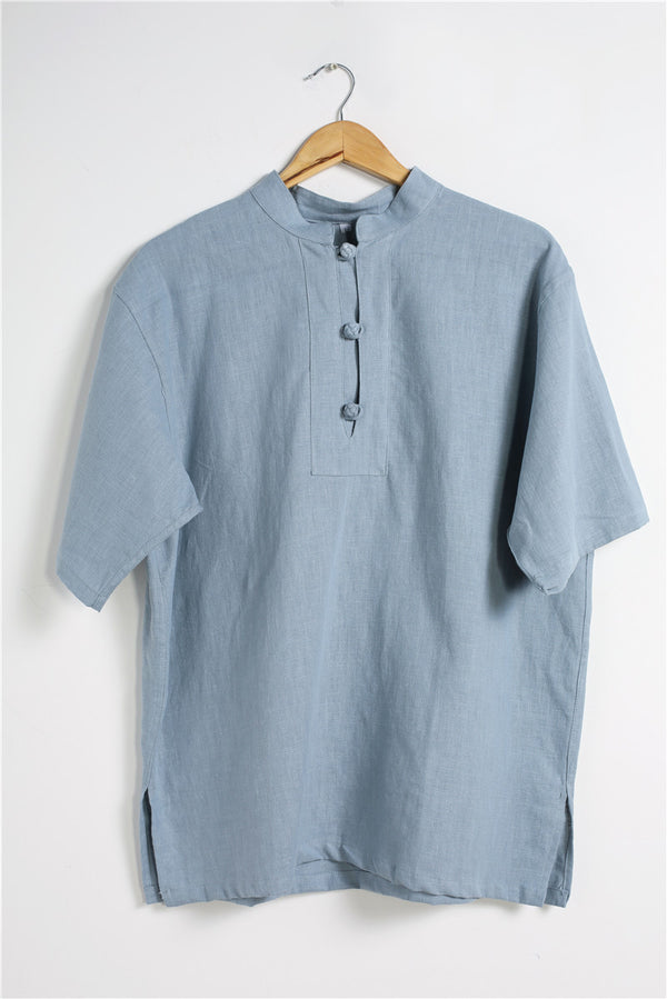 Men Buckle Causal Style Linen and Cotton Short Sleeve Tops