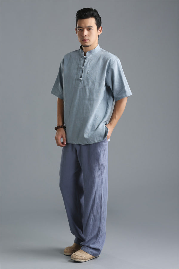 Men Buckle Causal Style Linen and Cotton Short Sleeve Tops