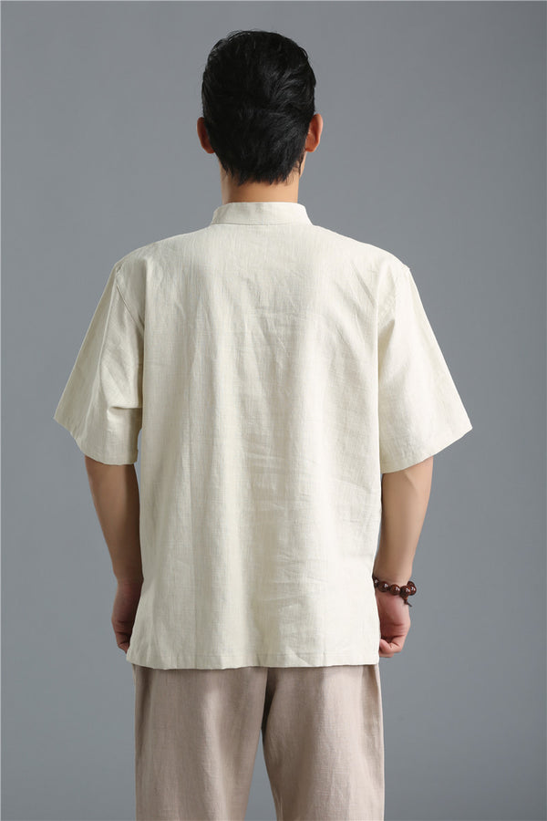 Men Buckle Causal Style Linen and Cotton Short Sleeve Tops