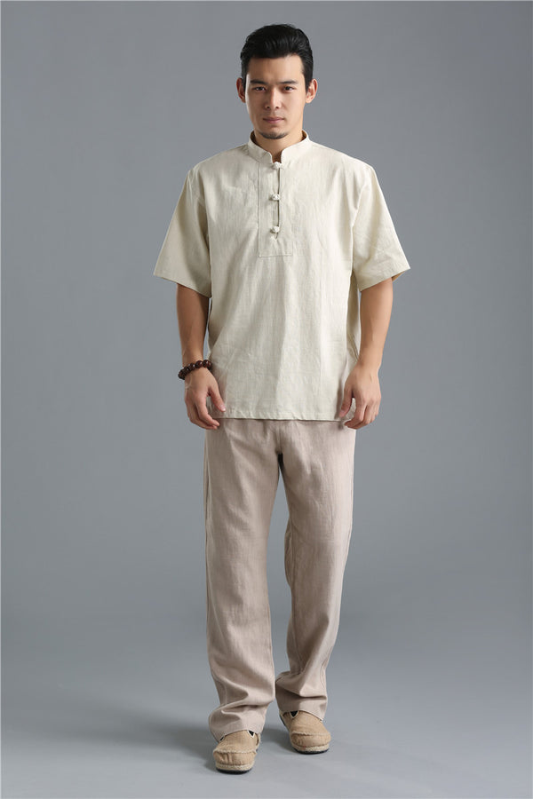Men Buckle Causal Style Linen and Cotton Short Sleeve Tops
