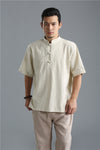 Men Buckle Causal Style Linen and Cotton Short Sleeve Tops