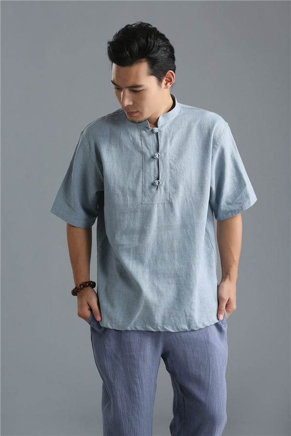 Men Buckle Causal Style Linen and Cotton Short Sleeve Tops