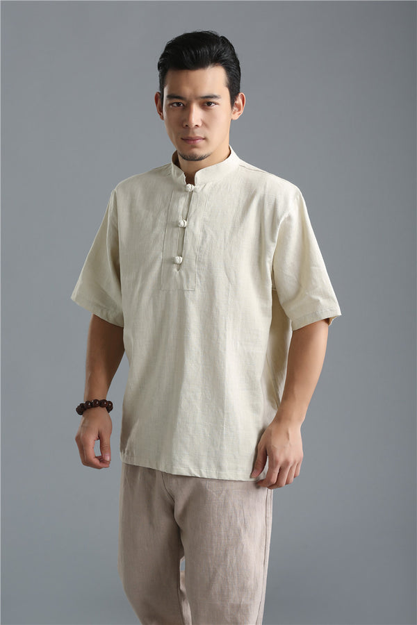 Men Buckle Causal Style Linen and Cotton Short Sleeve Tops