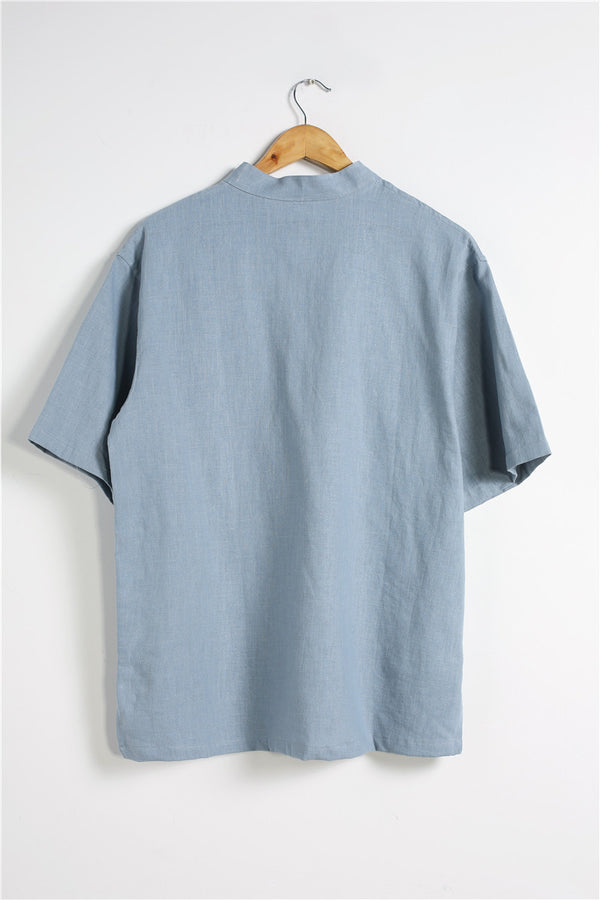 Men Buckle Causal Style Linen and Cotton Short Sleeve Tops