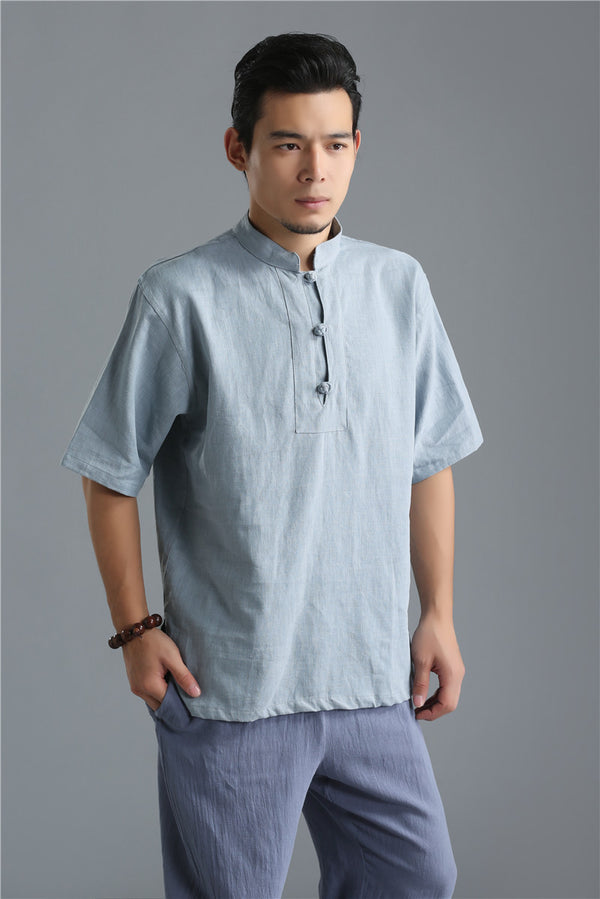 Men Buckle Causal Style Linen and Cotton Short Sleeve Tops