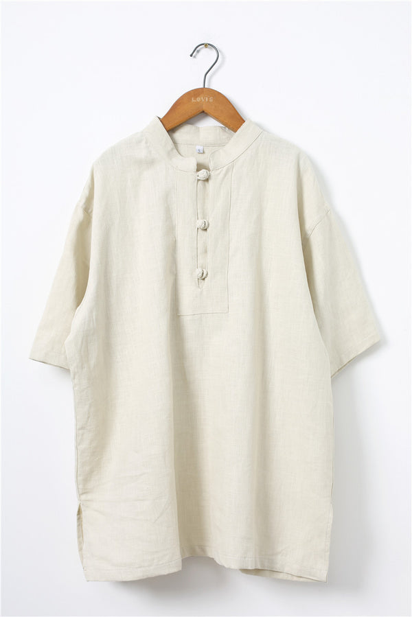 Men Buckle Causal Style Linen and Cotton Short Sleeve Tops