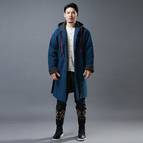 Men Simple Casual Style Linen and Cotton Middle Length Buckle Quilted Hoodie Coat