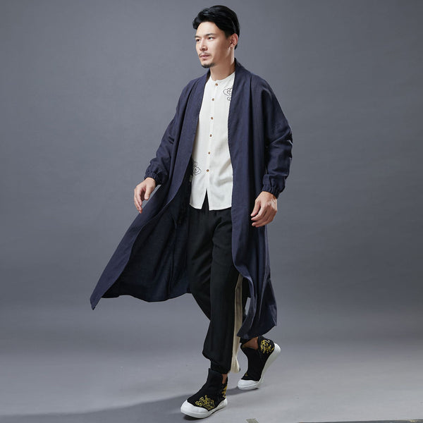 Men Asian Style Linen and Cotton Buckle Windbreaker Coat