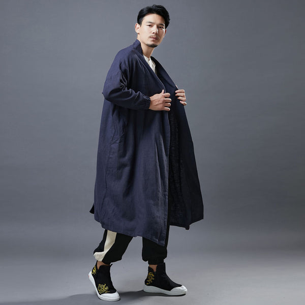 Men Asian Style Linen and Cotton Buckle Windbreaker Coat