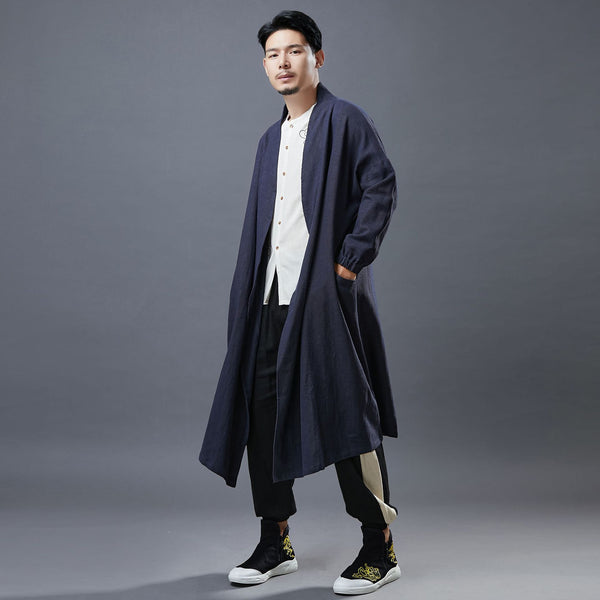 Men Asian Style Linen and Cotton Buckle Windbreaker Coat