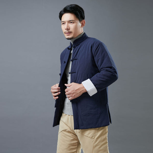Men Asian Style Linen and Cotton Chinese Buckle Quilted Jacket