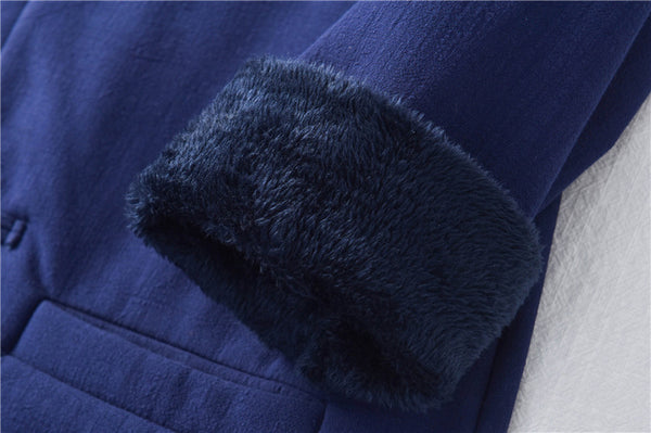 Women Artsy Middle Length Linen and Cotton Chinese Buckle Round Neck Coat (Inside With Velvet)