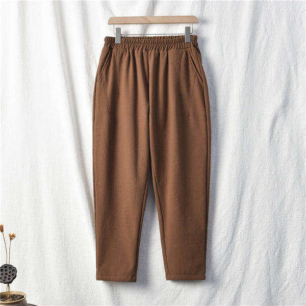 Women Wrinkle Linen and Cotton Tapered Pants With Velvet Inside