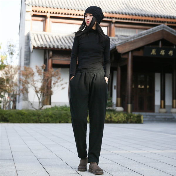 Women Wrinkle Linen and Cotton Tapered Pants With Velvet Inside