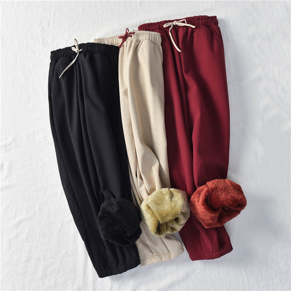 Women Exotic Style Wrinkle Linen and Cotton Lantern Pants With Velvet Inside