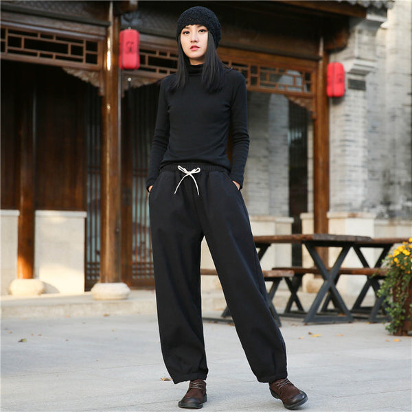 Women Exotic Style Wrinkle Linen and Cotton Lantern Pants With Velvet Inside