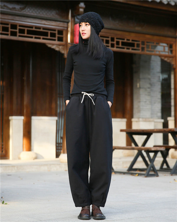 Women Exotic Style Wrinkle Linen and Cotton Lantern Pants With Velvet Inside
