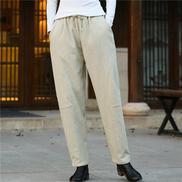 Women Wrinkle Linen and Cotton Lantern Pants With Velvet Inside