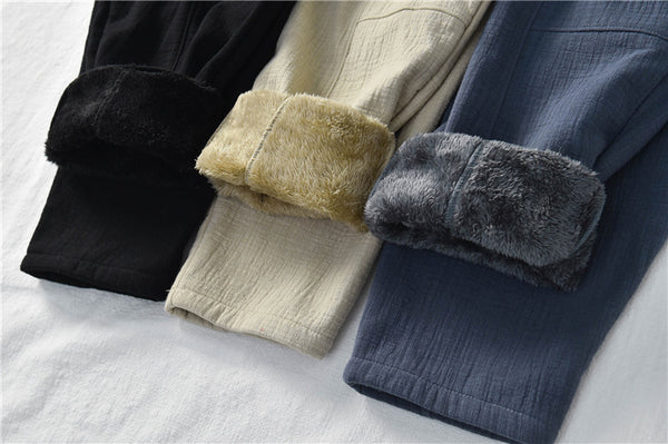 Women Wrinkle Linen and Cotton Lantern Pants With Velvet Inside