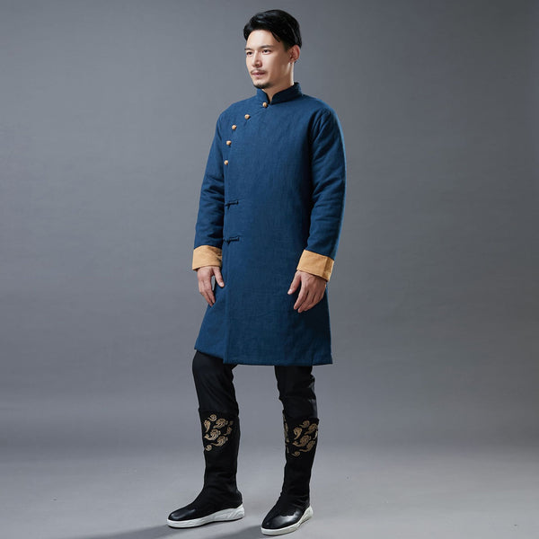 Men Simple Pure Color Style Linen and Cotton Middle Length Side Buckle Quilted Jacket