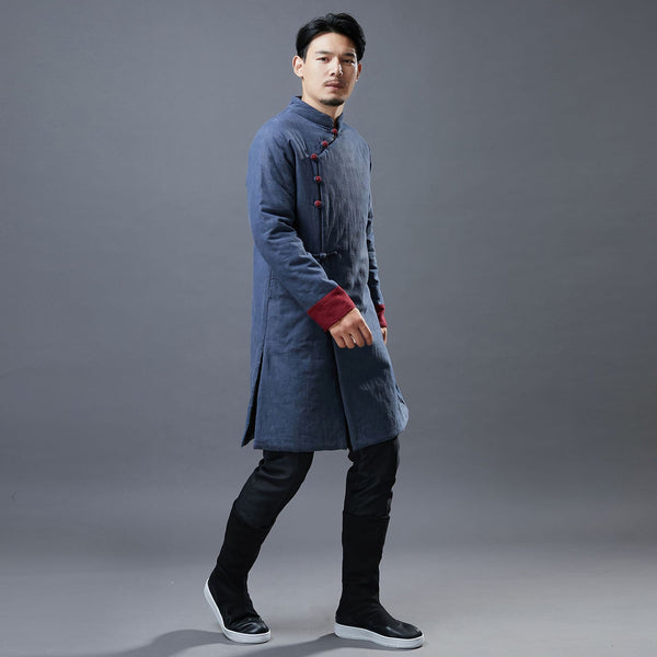 Men Simple Pure Color Style Linen and Cotton Middle Length Side Buckle Quilted Jacket