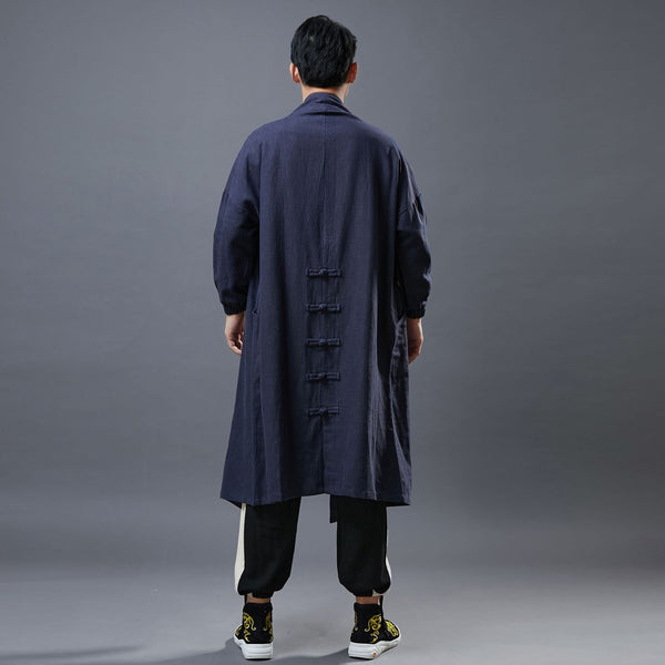 Men Asian Style Linen and Cotton Buckle Windbreaker Coat