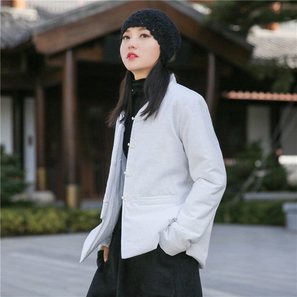 Women Chinese Artsy Short Length Linen and Cotton Chinese Buckle Quilted Coat