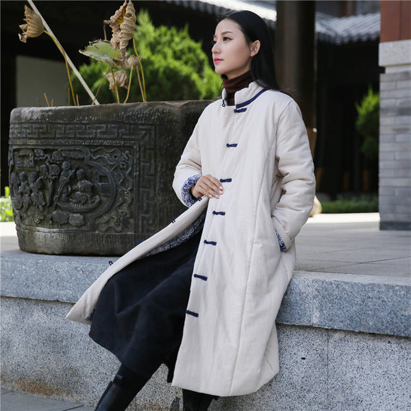Women Retro Style Middle Length Linen and Cotton Quilted Stand Collar Coat