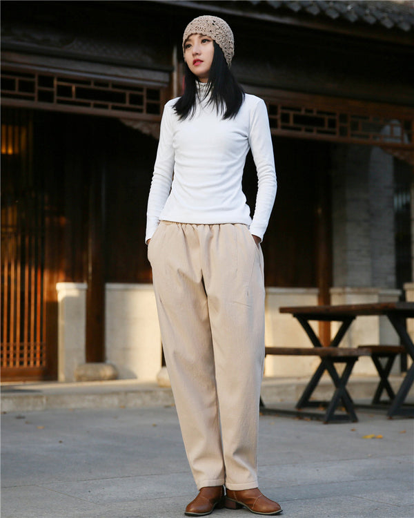 Women Wrinkle Linen and Cotton Tapered Pants With Velvet Inside